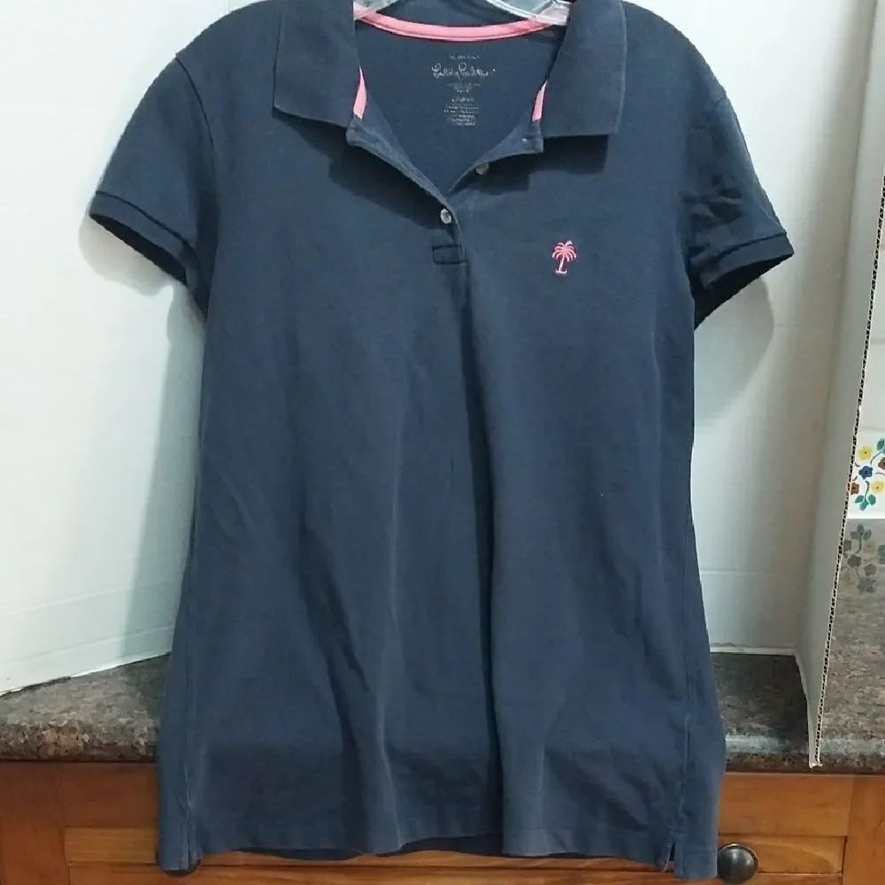 Lilly Pulitzer Navy Blue Polo Shirt with Pink Logo...SIZE L